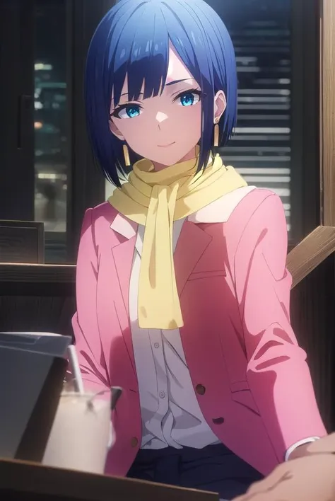 akinoyuugiri, <lora:akino yuugiri s1-lora-nochekaiser:1>,
akino yuugiri, short hair, bangs, blue eyes, blue hair, makeup, lipstick, smile,
BREAK jewelry, jacket, white shirt, earrings, scarf, formal, suit, yellow scarf, (red jacket:1.2),
BREAK indoors, office,
BREAK looking at viewer, (cowboy shot:1.5),
BREAK <lyco:GoodHands-beta2:1>, (masterpiece:1.2), best quality, high resolution, unity 8k wallpaper, (illustration:0.8), (beautiful detailed eyes:1.6), extremely detailed face, perfect lighting, extremely detailed CG, (perfect hands, perfect anatomy),