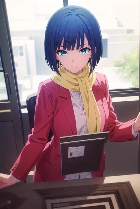 akinoyuugiri, <lora:akino yuugiri s1-lora-nochekaiser:1>,
akino yuugiri, short hair, bangs, blue eyes, blue hair, makeup, lipstick, smile,
BREAK jewelry, jacket, white shirt, earrings, scarf, formal, suit, yellow scarf, (red jacket:1.2),
BREAK indoors, office,
BREAK looking at viewer, (cowboy shot:1.5),
BREAK <lyco:GoodHands-beta2:1>, (masterpiece:1.2), best quality, high resolution, unity 8k wallpaper, (illustration:0.8), (beautiful detailed eyes:1.6), extremely detailed face, perfect lighting, extremely detailed CG, (perfect hands, perfect anatomy),