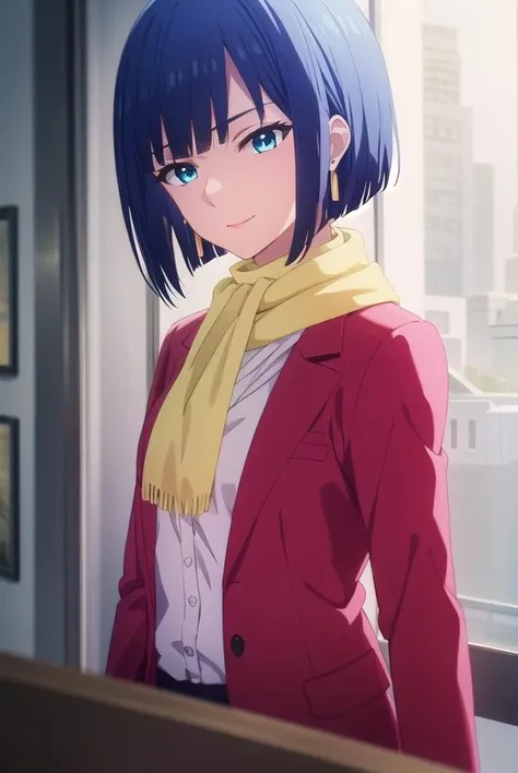 akinoyuugiri, <lora:akino yuugiri s1-lora-nochekaiser:1>,
akino yuugiri, short hair, bangs, blue eyes, blue hair, makeup, lipstick, smile,
BREAK jewelry, jacket, white shirt, earrings, scarf, formal, suit, yellow scarf, (red jacket:1.2),
BREAK indoors, office,
BREAK looking at viewer, (cowboy shot:1.5),
BREAK <lyco:GoodHands-beta2:1>, (masterpiece:1.2), best quality, high resolution, unity 8k wallpaper, (illustration:0.8), (beautiful detailed eyes:1.6), extremely detailed face, perfect lighting, extremely detailed CG, (perfect hands, perfect anatomy),