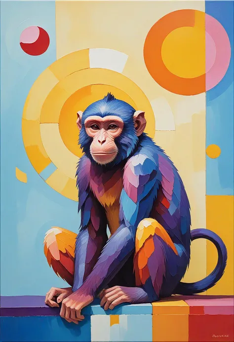 (Kandinsky style) oil painting with (thick brush strokes) and defined edges that illustrates dimensionality through (hue shifts),(Monkey Carving),blue, yellow, orange, red, purple, pink,