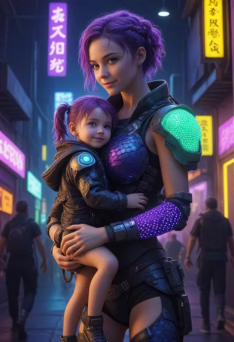 girl, child,cyborg, covered in scales, happy, carrying child,neon punk setting, glowing neon, cyberpunk, blue, purple, violet, green, yellow, orange,<lora:Happy_World.safetensors:1.0:0.97> <lora:CyborgsXL.safetensors:2.0:1.0> <lora:Scaleborn_SDXL.safetensors:3.0:1.0> <lora:glowneon_xl_v1.safetensors:1.0:1.0>