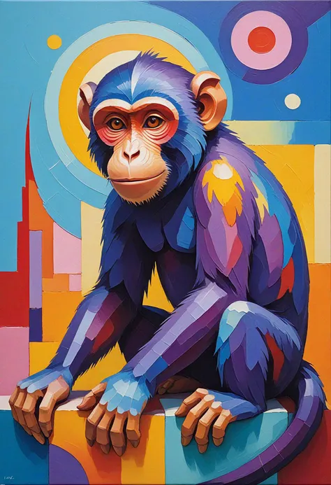 (Kandinsky style) oil painting with (thick brush strokes) and defined edges that illustrates dimensionality through (hue shifts),(Monkey Carving),blue, yellow, orange, red, purple, pink,