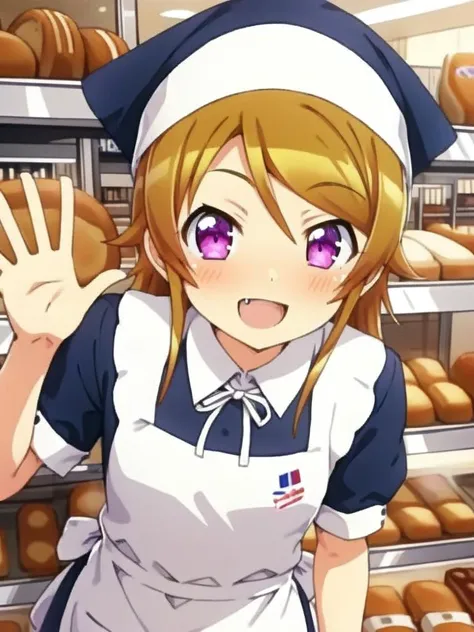 girl,kousaka kirino,shiny eyes,,smile,fang,vfu,:b,close up, waving at viewer,neck ribbon,black dress, employee uniform,black head scarf, indoors, shop, food, short sleeves, white apron, standing, bread, collared dress,<lora:XDetail_light:1.2> <lora:kirino_XL:0.8> <lora:VFU_SDXL_V2:0.8>ultra-detailed,masterpiece,best quality