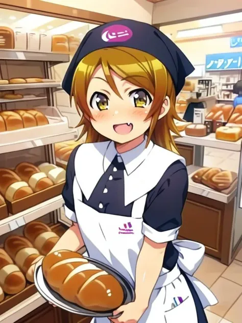 girl,kousaka kirino,shiny eyes,facing viewer,smile,fang,vfu,:b, holding tray,black dress, employee uniform,black head scarf, indoors, shop, food, short sleeves, white apron, standing, bread, collared dress,<lora:XDetail_light:1.2> <lora:kirino_XL:0.8> <lora:VFU_SDXL_V2:0.8>ultra-detailed,masterpiece,best quality