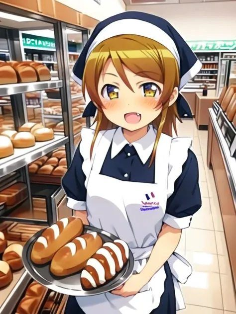 girl,kousaka kirino,shiny eyes,,smile,fang,vfu,:b, holding tray,black dress, employee uniform,black head scarf, indoors, shop, food, short sleeves, white apron, standing, bread, collared dress,<lora:XDetail_light:1.2> <lora:kirino_XL:0.8> <lora:VFU_SDXL_V2:0.8>ultra-detailed,masterpiece,best quality