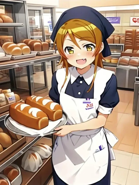 girl,kousaka kirino,shiny eyes,,smile,fang,vfu,:b, holding tray,black dress, employee uniform,black head scarf, indoors, shop, food, short sleeves, white apron, standing, bread, collared dress,<lora:XDetail_light:1.2> <lora:kirino_XL:0.8> <lora:VFU_SDXL_V2:0.8>ultra-detailed,masterpiece,best quality