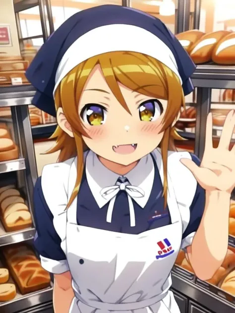 girl,kousaka kirino,shiny eyes,,smile,fang,vfu,:b,close up, waving at viewer,neck ribbon,black dress, employee uniform,black head scarf, indoors, shop, food, short sleeves, white apron, standing, bread, collared dress,<lora:XDetail_light:1.2> <lora:kirino_XL:0.8> <lora:VFU_SDXL_V2:0.8>ultra-detailed,masterpiece,best quality