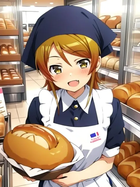 girl,kousaka kirino,shiny eyes,,smile,fang,vfu,:b,close up, waving at viewer,black dress, employee uniform,black head scarf, indoors, shop, food, short sleeves, white apron, standing, bread, collared dress,<lora:XDetail_light:1.2> <lora:kirino_XL:0.8> <lora:VFU_SDXL_V2:0.8>ultra-detailed,masterpiece,best quality