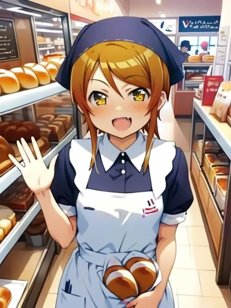 girl,kousaka kirino,shiny eyes,,smile,fang,vfu,:b, waving at viewer,black dress, employee uniform,black head scarf, indoors, shop, food, short sleeves, white apron, standing, bread, collared dress,<lora:XDetail_light:1.2> <lora:kirino_XL:0.8> <lora:VFU_SDXL_V2:0.8>ultra-detailed,masterpiece,best quality