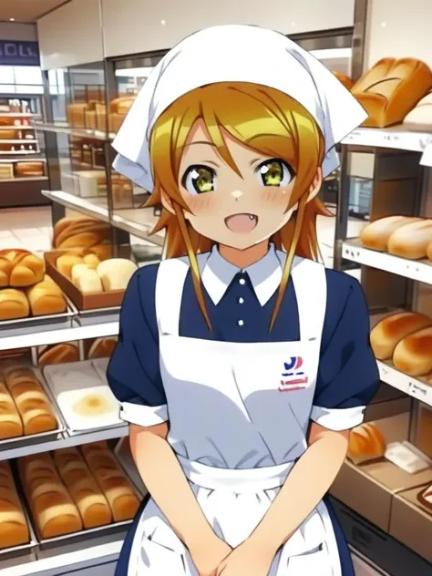 girl,kousaka kirino,shiny eyes,facing viewer,smile,fang,vfu,:b, black dress, employee uniform, head scarf, indoors, shop, food, short sleeves, white apron, standing, bread, collared dress,<lora:XDetail_light:1><lora:VFU_SDXL_V2:0.8>ultra-detailed,masterpiece,best quality    <lora:kirino_XL:0.8>