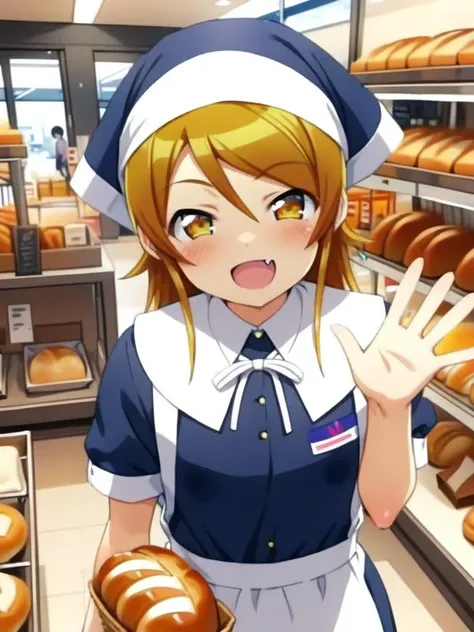 girl,kousaka kirino,shiny eyes,,smile,fang,vfu,:b, waving at viewer,black dress, employee uniform,black head scarf, indoors, shop, food, short sleeves, white apron, standing, bread, collared dress,<lora:XDetail_light:1.2> <lora:kirino_XL:0.8> <lora:VFU_SDXL_V2:0.8>ultra-detailed,masterpiece,best quality