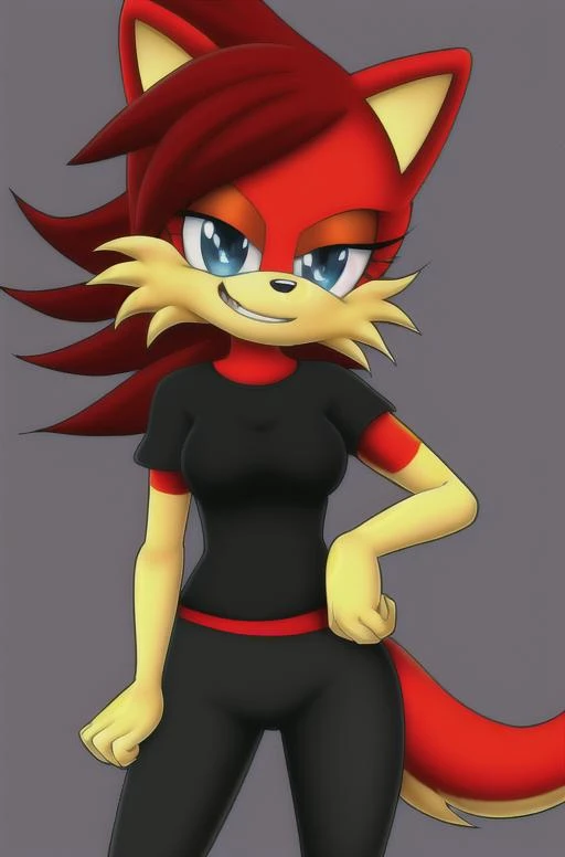 fiona fox,smile,looking at viewer,standing,anime,just character,fiona fox,black leggings,short shirt