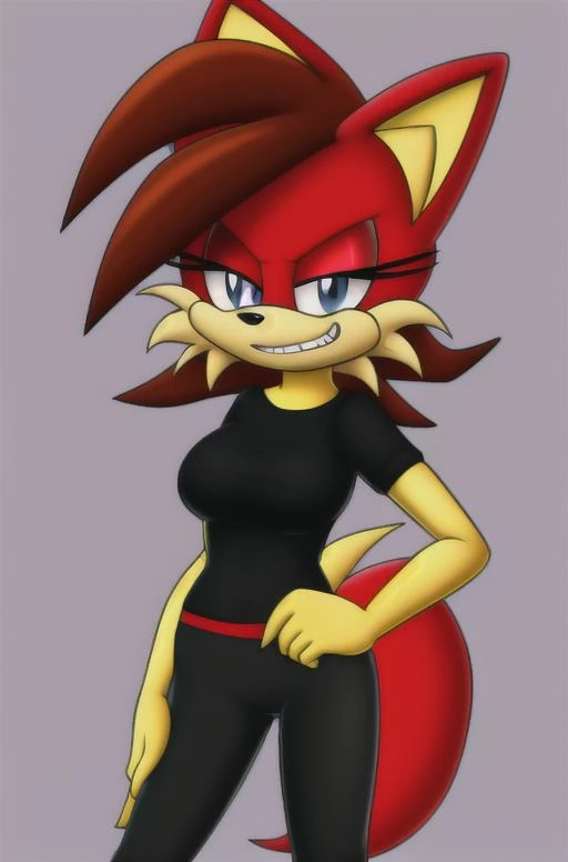 fiona fox,smile,looking at viewer,standing,anime,just character,fiona fox,black leggings,short shirt