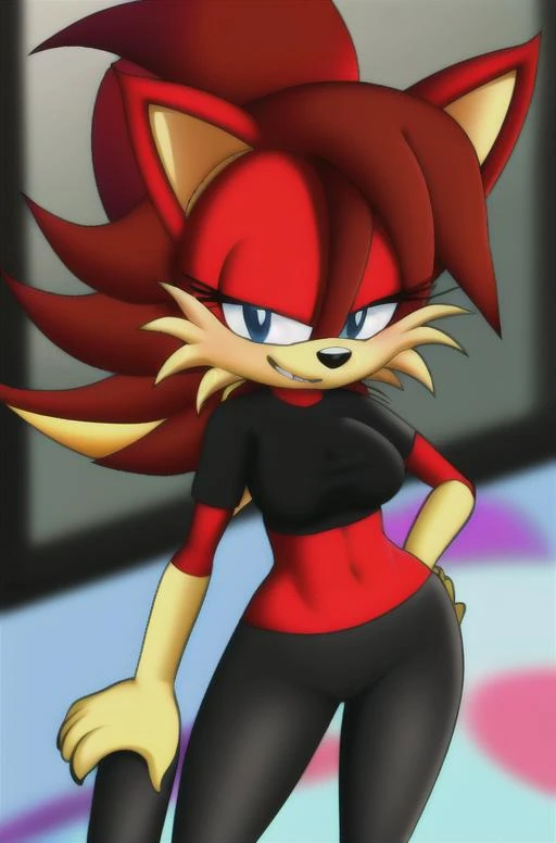 fiona fox,smile,looking at viewer,standing,anime,just character,fiona fox,black leggings,short shirt