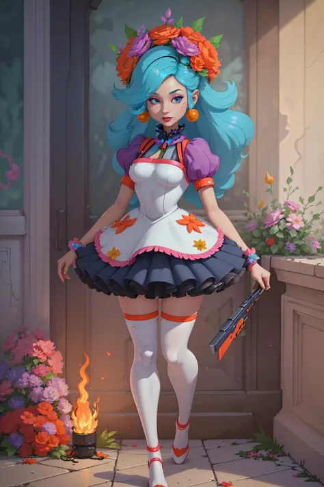 (masterpiece, best_quality, ultra-detailed, immaculate:1.3), epic, illustration, welcoming, depth of field, 1girl, (good florist pyro:1.3), (in a ancient, orderly video game:1.3), full body, thigh gap, rainbow hair, hair bobbles, slate blue lipstick, , pose, [:colorful costume design:0.2], , albino<lyco:EnvyBeautyMix04:1>
