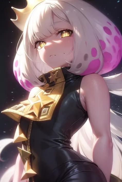 pearl, <lora:pearl-lora-nochekaiser:1>,
pearl, tentacle hair, chromatic aberration, long hair, mole, mole under mouth, multicolored hair, pointy ears, (symbol-shaped pupils:1.5), two-tone hair, white hair, (yellow eyes:1.5),
BREAK bare arms, bare shoulders, boots, crown, dress, fingerless gloves, gloves, pantyhose, pink pantyhose, sleeveless, sleeveless dress, zipper,
BREAK cowboy shot, looking at viewer,
BREAK indoors,
BREAK <lyco:GoodHands-beta2:1>, (masterpiece:1.2), best quality, high resolution, unity 8k wallpaper, (illustration:0.8), (beautiful detailed eyes:1.6), extremely detailed face, perfect lighting, extremely detailed CG, (perfect hands, perfect anatomy),