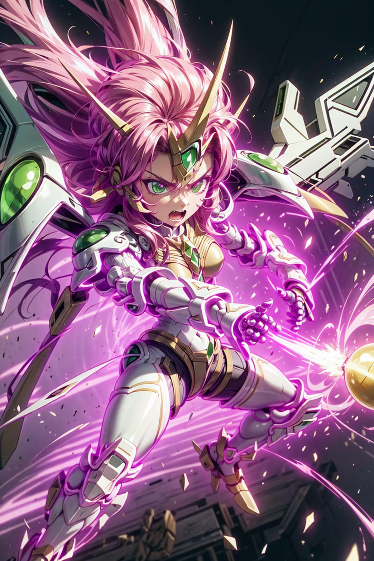 absurdres, (best quality), (masterpiece),(ultra-detailed:1.2),photorealistic,ultra high res,
1girl,in the sky,(chibi:1.1),flying,Cross Smasher,
(fighting stance:1.2) ,open mouth,angry,
<lora:Kizuki - Super Robot Wars - Valsione R:0.9> valsione r,(long hair:1.1), red hair, green eyes, medium breasts, mecha musume, mechanical parts, (mecha armor:1.1), shoulder plates,jewelry, robot, mechnical wings,
pink particles,(pink lightning:1.1),(swirling:1.1) ,glowing fist,energy ball in both hands,(coiled energy effect:1.4),Spiral effect,
<lora:nlc_pink:1>,
<lora:pink_aura:0.3>,
<lora:flat2:-0.7>,
<lora:LowRa:-0.2> ,