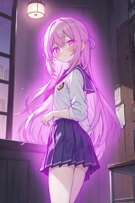 masterpiece, best quality, 1girl, <lora:pink_aura_1_4:0.7>, pink eyes, school uniform, night