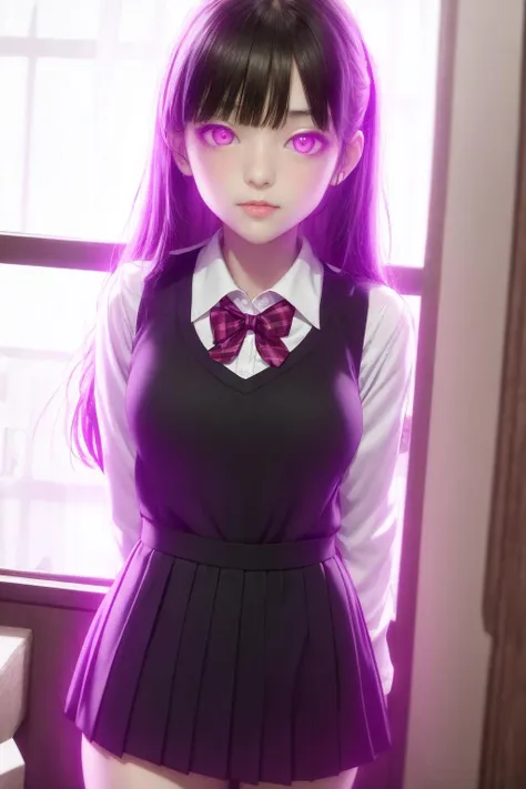 masterpiece, best quality, 1girl, <lora:pink_aura_1_4:0.7>, pink eyes, school uniform, night