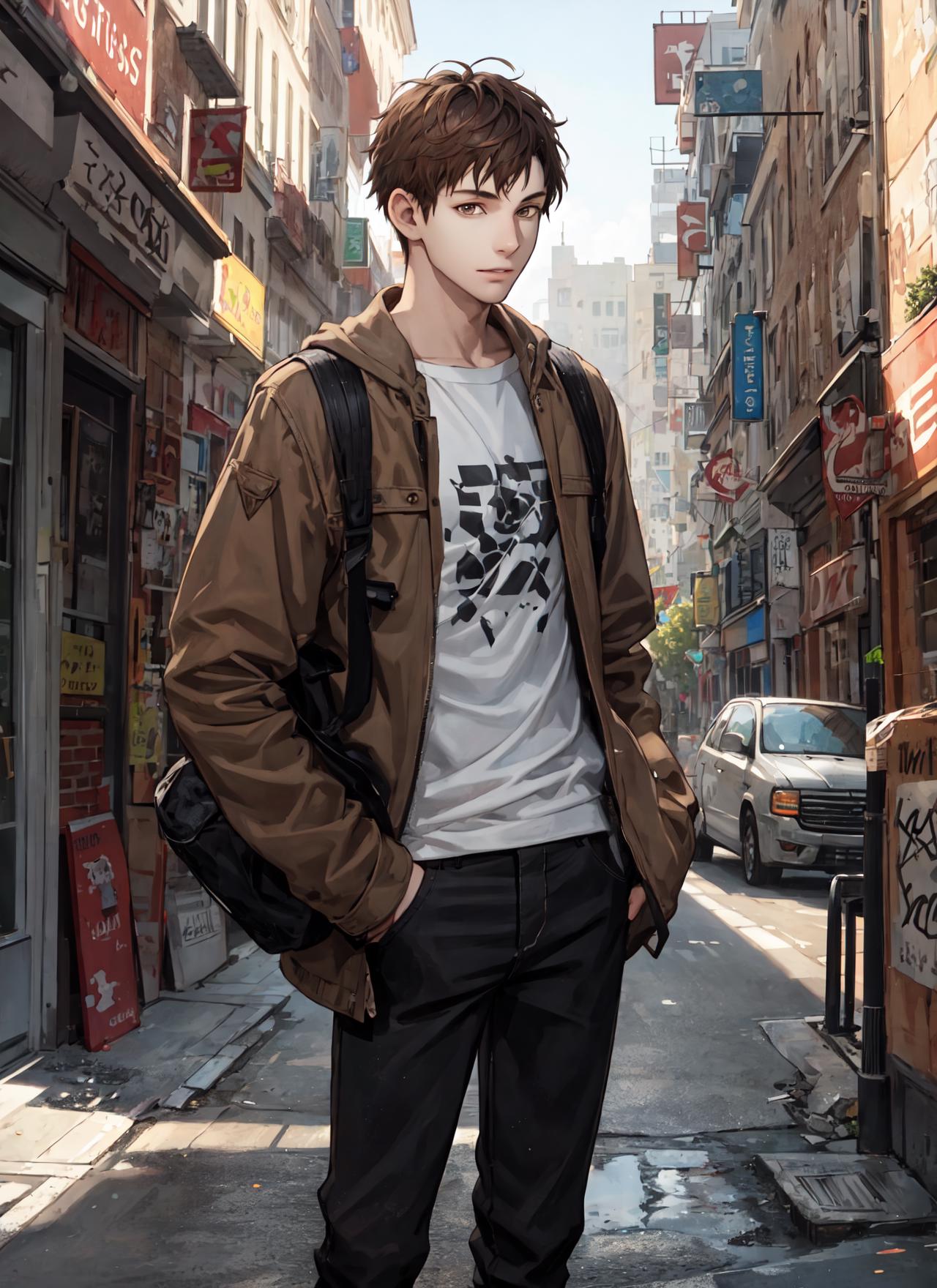Arafed image of a man standing on a city street - SeaArt AI