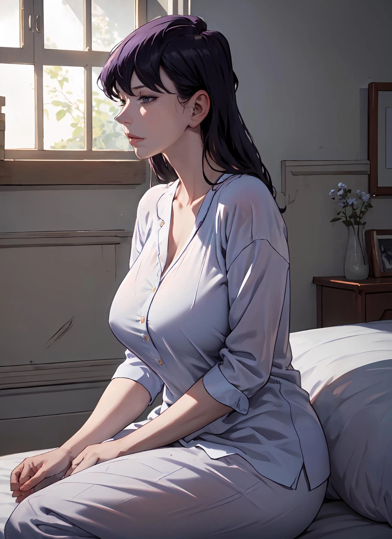(Best quality,masterpiece,highly intricate details),cinematic lighting,highres, absurdres, colorful, atmospheric,from side,
a photo of (mature female) sitting behind a huge window,purple eyes,sleepwear,(large breasts:1.3),expressionless,
<lora:KomiLora:0.6>,komi