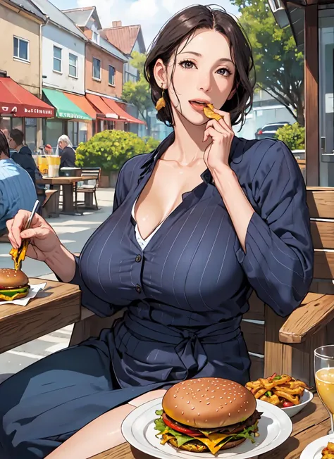 realistic,outdoors,
a photo of a mature female with large breasts eating burger, sitting,table,
<lyco:GoodHands-beta2:1.0>