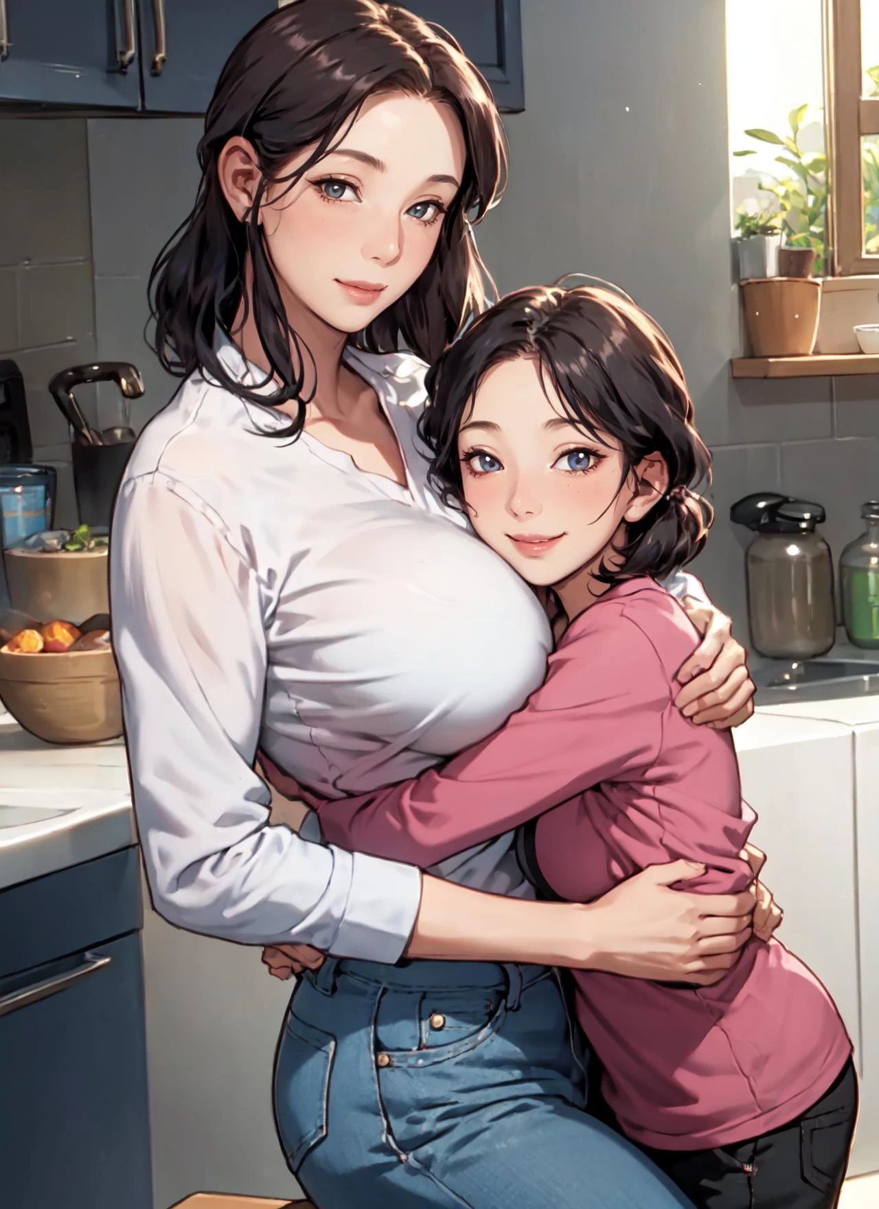 a photo of a large breasts 40yo mature female hug a female chille,
<lyco:GoodHands-beta2:1.0>