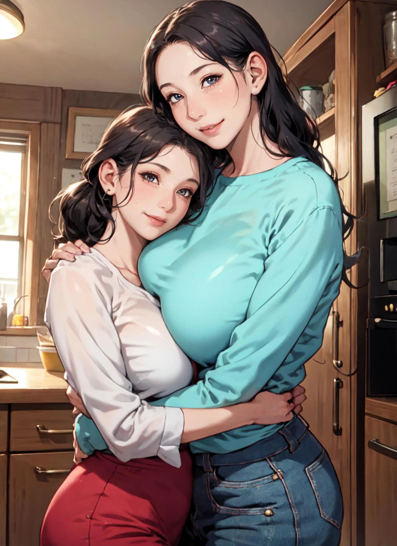 a photo of a large breasts 40yo mature female hug a yo female chmile,