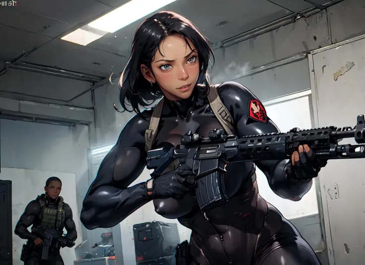 mature female,large breasts, muscular, (dark skin:1.4), holding weapon, assault rifle, m4 carbine, (firing, aiming), bodysuit,