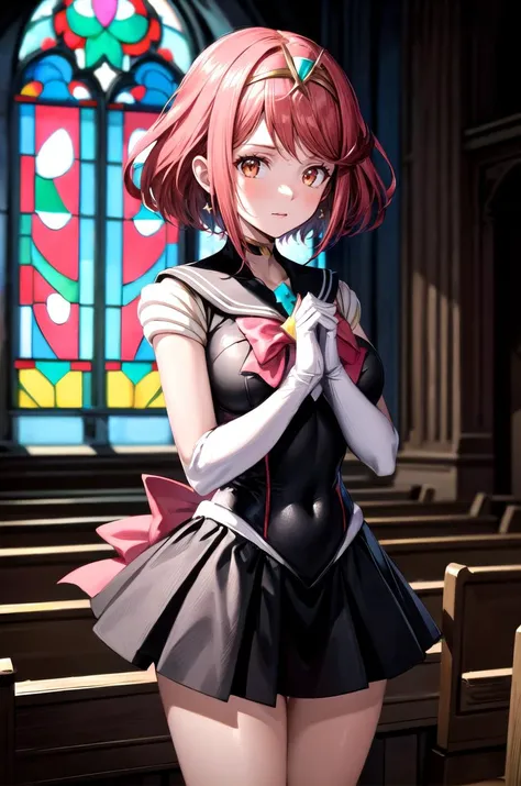 (masterpiece, best quality, detailed), 1girl, solo, looking at viewer, pyradef, tiara,
<lora:Sailor Moon Outfit:0.9>, sailor moon outfit, indoors, church, stained glass, window, candle, sunlight, praying, own hands together, own hands clasped, closed mouth