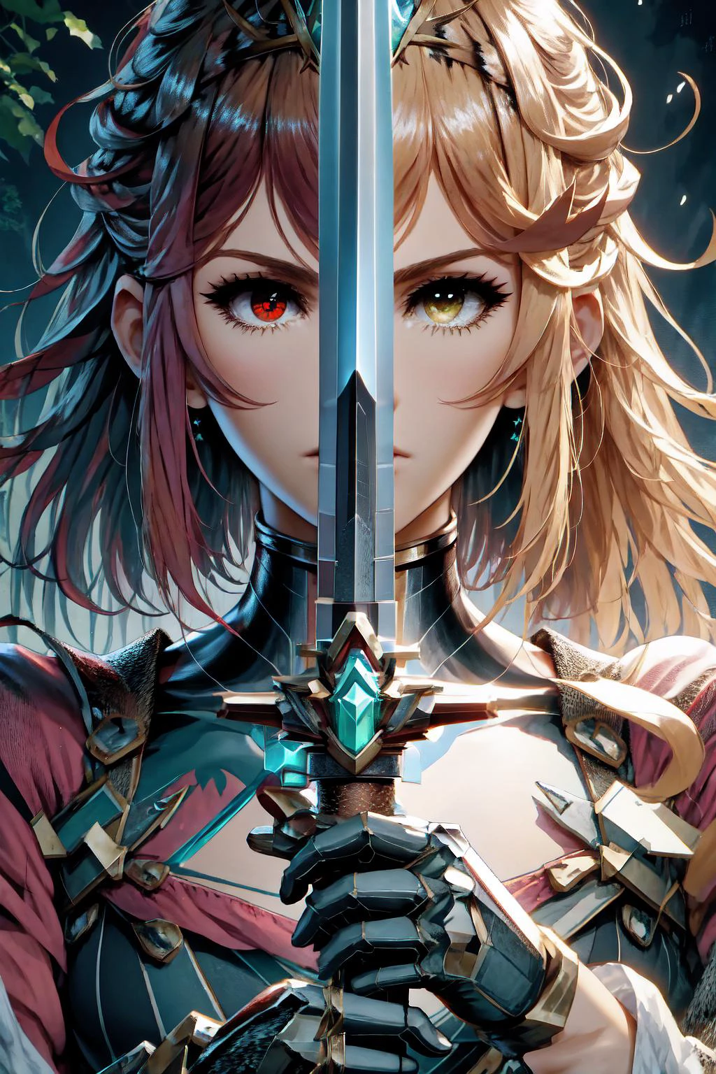 swordup, looking at viewer, close-up, <lora:Pos_SwordSalute:0.7>, SplitScreen, split screen, <lora:Pos_SplitScreen:0.6>,
BREAK, pyradef, tiara, earrings, chest jewel, impossible clothes, fingerless gloves, <lora:Char_Xenoblade_Pyra:1>, red eyes, red hair, short hair,
BREAK, mythradef, tiara, earrings, chest jewel, cleavage cutout, cleavage, white gloves, <lora:Char_Xenoblade_Mythra:1>, blonde hair, long hair, yellow eyes