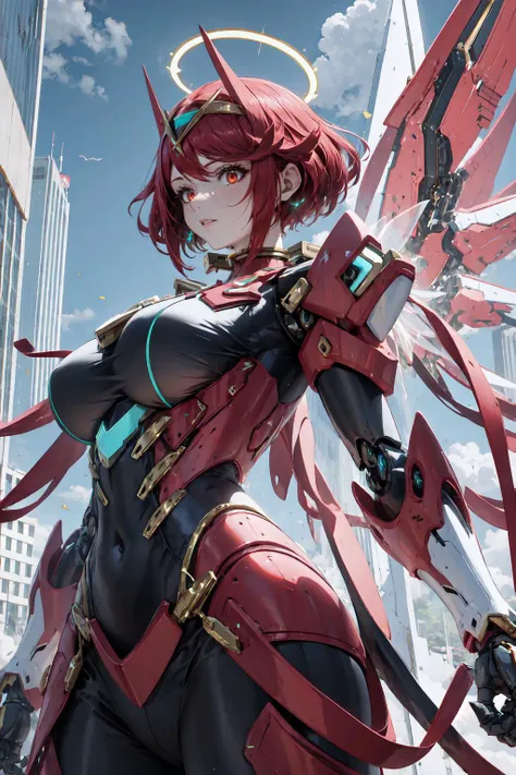 pyrarnd, <lora:Char_Xenoblade_Pyra:1>, wrenchsmechs, glowing, red mecha, halo, mechanical wings, <lora:Outfit_Mechs:1>, red eyes,