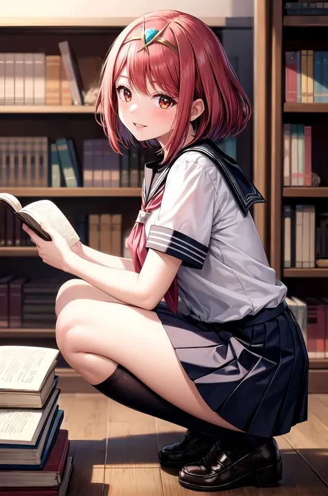 (masterpiece, best quality, detailed), 1girl, solo, looking at viewer, pyradef, tiara, 
school uniform, pleated skirt, neckerchief, kneehighs, indoors, library, bookshelf, book, book stack, squatting, from side, smile, parted lips
