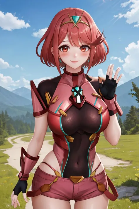 masterpiece, best quality, 1girl, solo, <lora:pyra-xb-richy-v1:1> pyradef, tiara, earrings, chest jewel, impossible clothes, fingerless gloves, red shorts, fantasy, mountainous horizon, waving, smile, blush