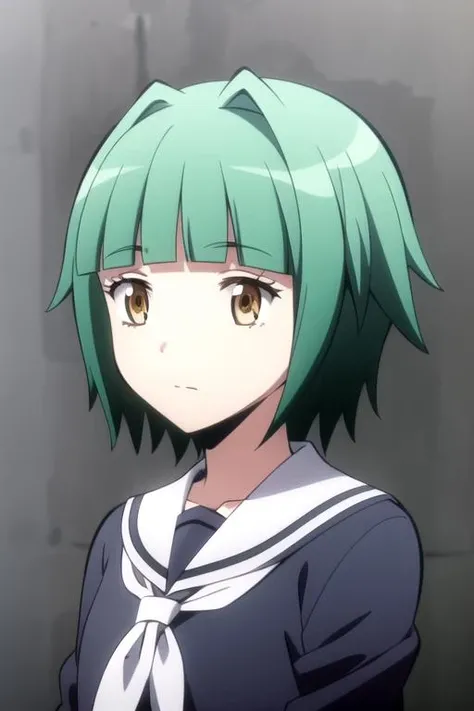 ultra high res, best quality, masterpiece, 1girl, <lora:KaedeKayanoR4:0.7>,KaedeKayanoR4, green hair, yellow eyes,simple background, upper body,short hair, serafuku