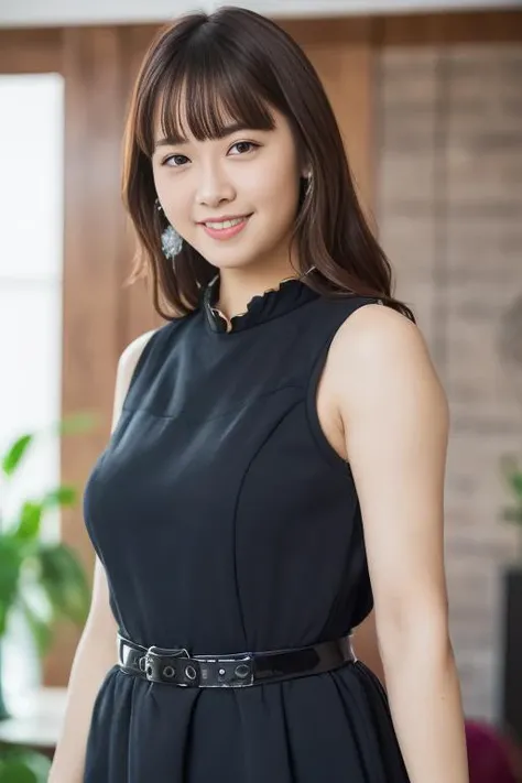 1girl,(solo:2.0), (sleeveless dress:1.6),(RAW photo, best quality:1.6), (realistic, photo-realistic:1.4), masterpiece, an extremely delicate and beautiful, extremely detailed, 2k wallpaper, Amazing, finely detail, extremely detailed CG unity 8k wallpaper, ultra-detailed, highres, soft light, beautiful detailed girl, extremely detailed eyes and face, beautiful detailed nose, beautiful detailed eyes,cinematic lighting, (blurry,bokeh backgound:1.6),(in the living room:2.0),perfect anatomy,(slender body:1.2),(smile,Friendly, warm:1.6),(looking at viewer:2.0),(posing:1.8),(wavy shoulder length hair:1.6), (brown eyes:1.8), (full body:1.8), (cleavage:1.4),(short stature,teenager:2.0), <lora:kusunokitomori_lora-v2_02:0.8>