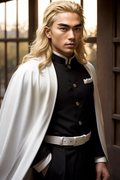 (masterpiece), medium shot of an men samurai, rengoku kyojuro, blonde hair, (long hair, forked eyebrows), near a japanese temple at sunset, (demon slayer uniform, black jacket, long sleeves, white cape, black pants, white belt), high quality, 8K HDR, masterpiece, intricate details, low light, cinematic, high detail skin, high detail eyes, skin pores, <lora:demonslayer_rengoku:0.7>