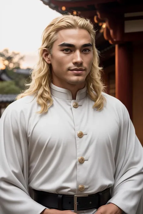 (masterpiece), medium shot of an men samurai, rengoku kyojuro, blonde hair, (long hair, forked eyebrows), smiling, near a japanese temple at sunset, (demon slayer uniform, black jacket, long sleeves, white cape, black pants, white belt), high quality, 8K HDR, masterpiece, intricate details, low light, cinematic, high detail skin, high detail eyes, skin pores, <lora:demonslayer_rengoku:0.7>