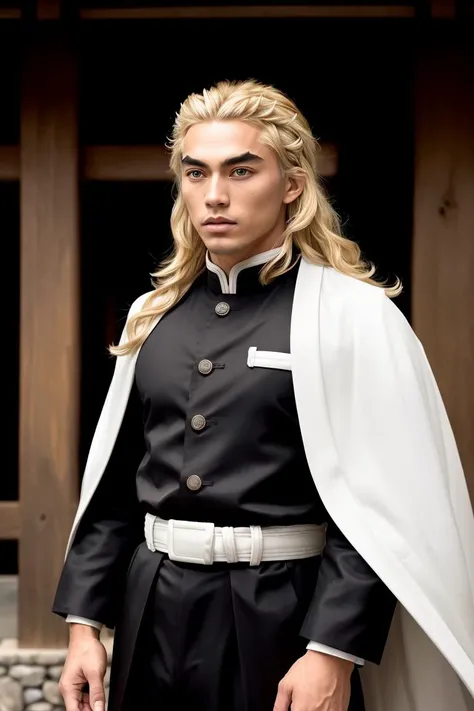 (masterpiece), medium shot of an men samurai, rengoku kyojuro, blonde hair, (long hair, forked eyebrows), near a japanese temple at sunset, (demon slayer uniform, black jacket, long sleeves, white cape, black pants, white belt), high quality, 8K HDR, masterpiece, intricate details, low light, cinematic, high detail skin, high detail eyes, skin pores,  <lora:demonslayer_rengoku:0.7>