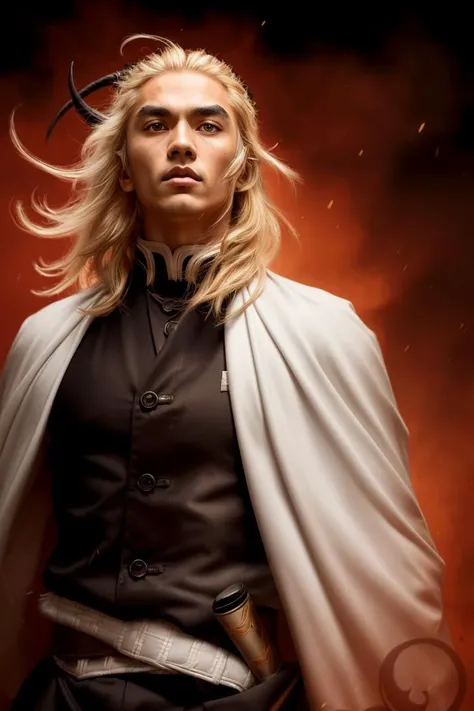 a cautious samurai, rengoku kyojuro, blonde hair, (long hair, forked eyebrows), focused in an epic battle stance, holdinfg an katana, (demon slayer uniform, black jacket, long sleeves, white cape, black pants, white belt), high quality, 8K HDR, masterpiece, intricate details, low light, cinematic, high detail skin, high detail eyes, skin pores, <lora:demonslayer_rengoku:0.7>