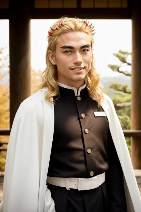 (masterpiece), medium shot of an men samurai, rengoku kyojuro, blonde hair, (long hair, forked eyebrows), smiling, near a japanese temple at sunset, (demon slayer uniform, black jacket, long sleeves, white cape, black pants, white belt), high quality, 8K HDR, masterpiece, intricate details, low light, cinematic, high detail skin, high detail eyes, skin pores, <lora:demonslayer_rengoku:0.7>