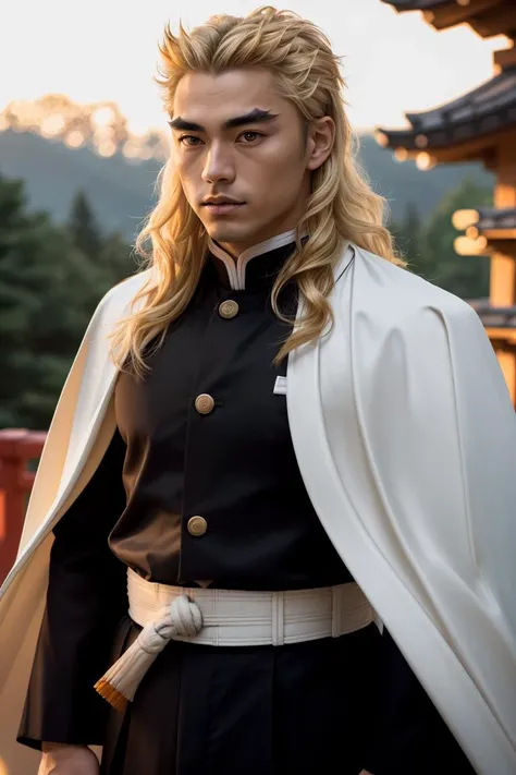 (masterpiece), medium shot of an men samurai, rengoku kyojuro, blonde hair, (long hair, forked eyebrows), near a japanese temple at sunset, (demon slayer uniform, black jacket, long sleeves, white cape, black pants, white belt), high quality, 8K HDR, masterpiece, intricate details, low light, cinematic, high detail skin, high detail eyes, skin pores, <lora:demonslayer_rengoku:0.7>