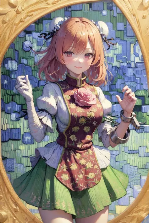 1girl, ibaraki kasen, tabard, green skirt, pink rose, floral pattern, (art by van gogh:1.4), light smile <lyco:IbarakiKasenReroV1 - ibaraki kasen, ibaraki kasenx:0.75>