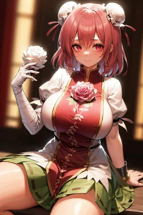 1girl, ibaraki kasen, tabard, green skirt, pink rose, floral pattern, delicate face, deep pink eyes, light smile, mature female, large breasts <lyco:IbarakiKasenReroV1 - ibaraki kasen, ibaraki kasenx:0.8> <lyco:dishwasher-v1.1-lycoris - dishwasher1910:0.65>