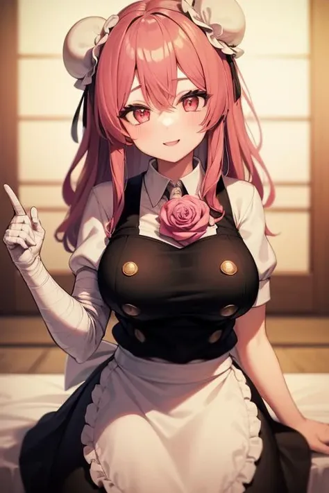 1girl, ibaraki kasenx, kirisame marisa \(cosplay\), black vest, white shirt, black skirt, waist apron, pink hair, pink rose, floral pattern, delicate face, deep pink eyes, light smile, mature female, large breasts <lyco:IbarakiKasenReroV1 - ibaraki kasen, ibaraki kasenx:0.8>