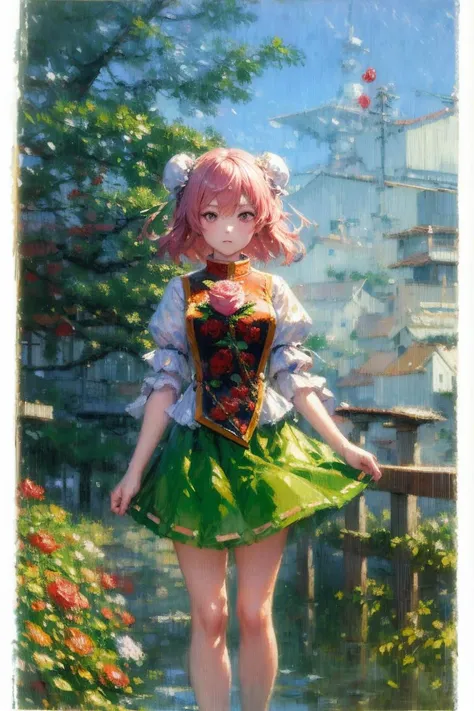 1girl, ibaraki kasen, tabard, green skirt, pink rose, floral pattern, (impressionism:1.4) <lyco:IbarakiKasenReroV1 - ibaraki kasen, ibaraki kasenx:0.7>