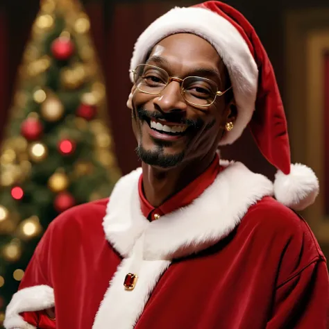 Snoop Dogg posing as <lora:Santa Claus:1> Santa Claus, Christmas Eve, smiling, red sag with gold jewelry, 16k uhd, insane details, film grain, detailed skin, masterpiece,