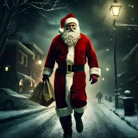 Dark Fantasy Art of  <lora:Santa Claus:1.5>
Santa Claus a zombie man dressed as santa claus walking down a street in Christmas Eve, dark, moody, dark fantasy style