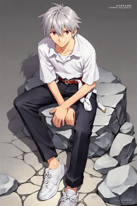 1boy,male focus,solo,nagisa kaworu,shirt,sitting,red eyes,rock,pants,white shirt,shoes,collared shirt,black pants,hair between eyes,short sleeves,closed mouth,grey hair,white footwear,belt,sneakers,looking at viewer,collarbone,own hands together,bangs,watermark,ikari shinji,signature,artist name,smile,school uniform,grey background,light smile,score_9,score_8_up,<lora:Sadamoto Yoshiyuki_XL_PONY:0.9>,