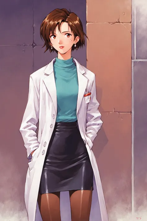 1girl,solo,labcoat,pantyhose,short hair,earrings,jewelry,mole,skirt,pencil skirt,mole under eye,hand in pocket,brown hair,score_9,score_8_up,<lora:Sadamoto Yoshiyuki_XL_PONY:0.9>,